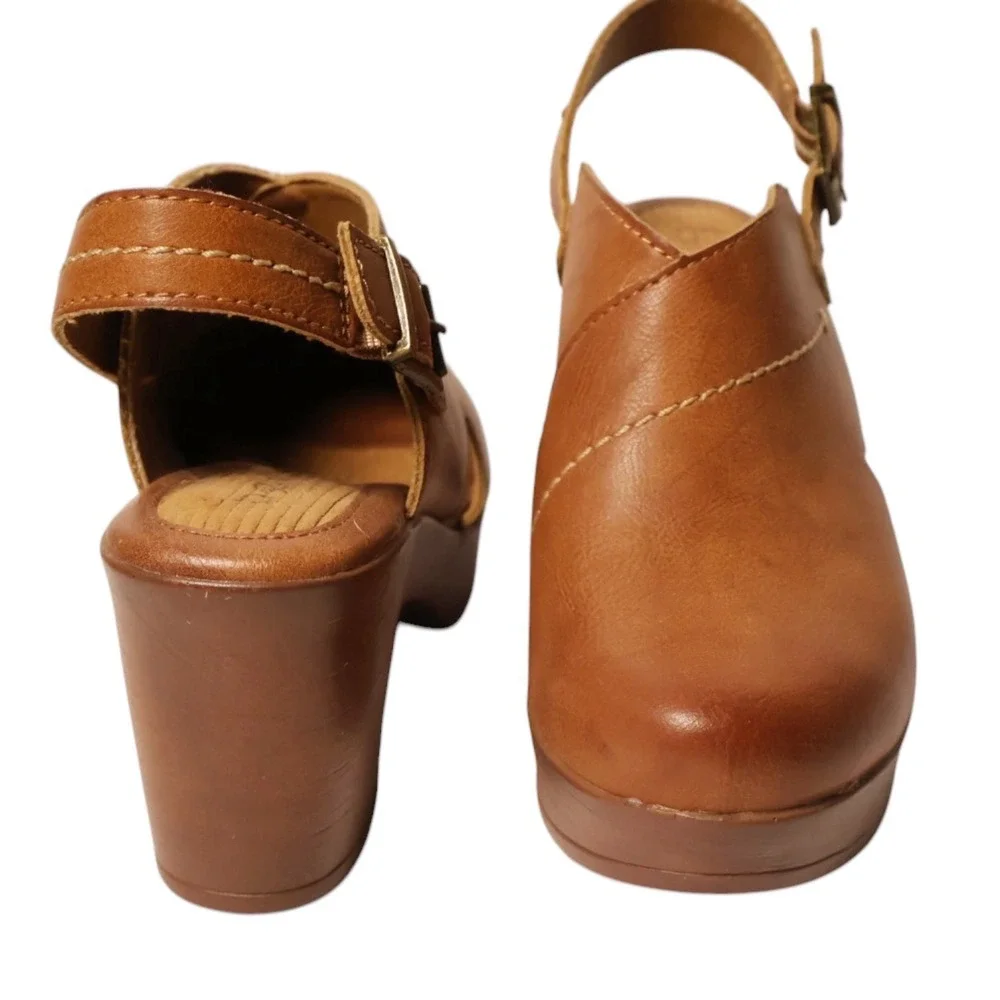 B.O.C. Tan Cognac Faux Leather Slingback Platform Clog Heels Size 7